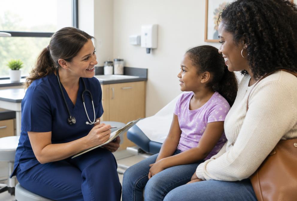 A public health nurse talks with a parent and child in a county clinic.