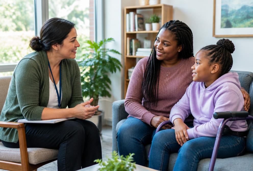 A care coordinator meets with a parent and child in an accessible clinic room.