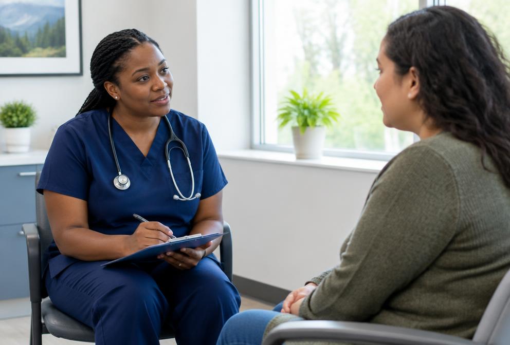 A public health nurse speaks privately with a patient in a clinic.