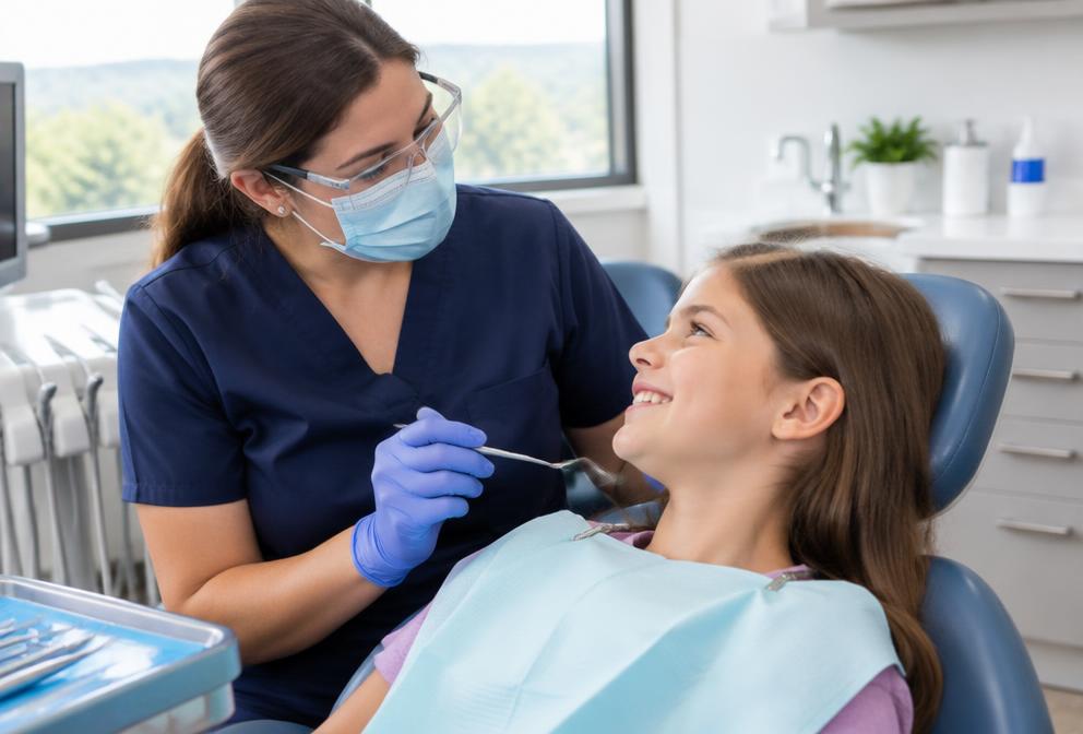 A dental hygienist helps a child during a routine dental visit.