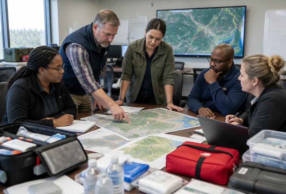 A public health preparedness team reviews maps and emergency supplies.