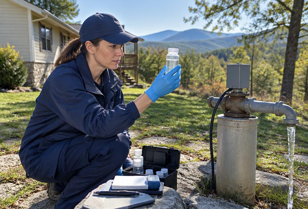 An environmental health specialist tests a water sample near a rural home.