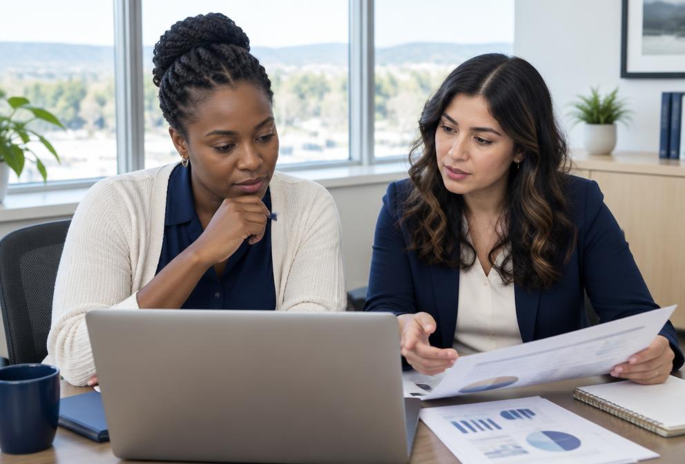 Two epidemiologists review public health information together.