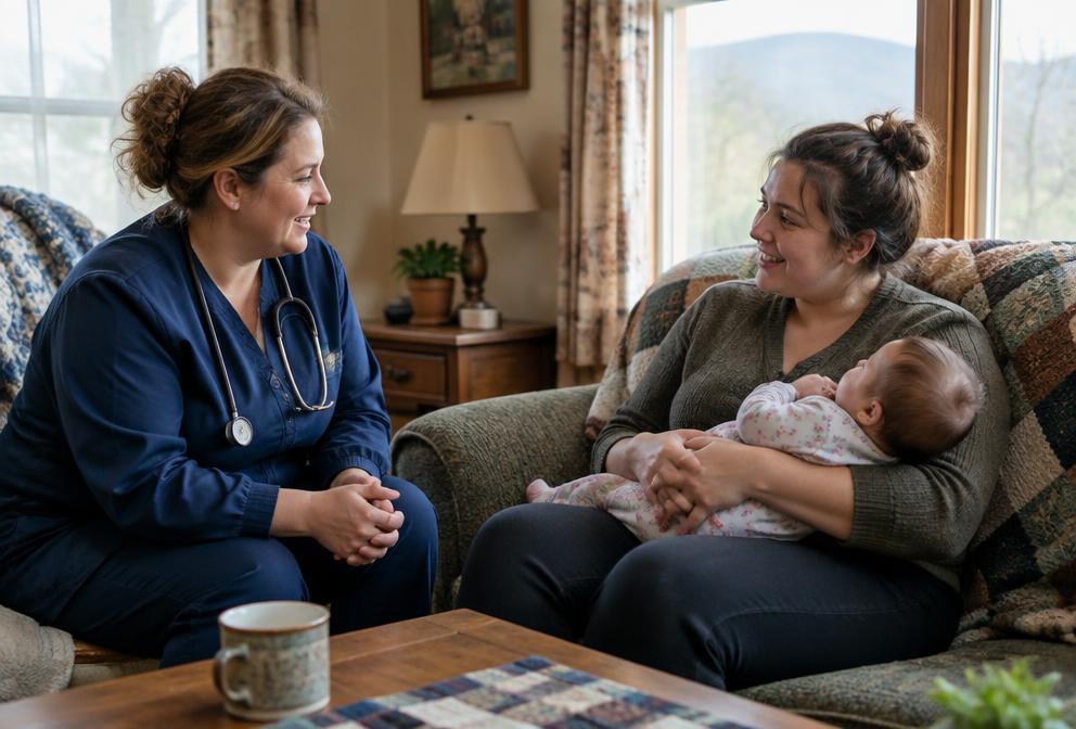 A public health nurse visits a parent and infant at home.