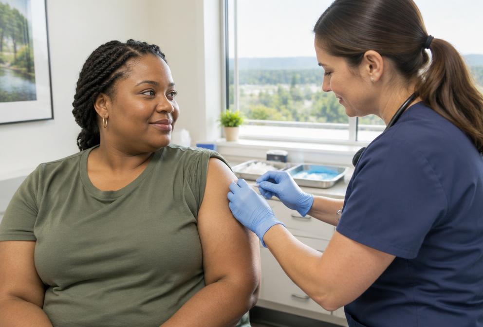 A public health nurse gives an adult patient a routine vaccination.