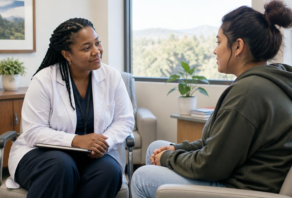 A clinician provides a private and respectful health consultation.