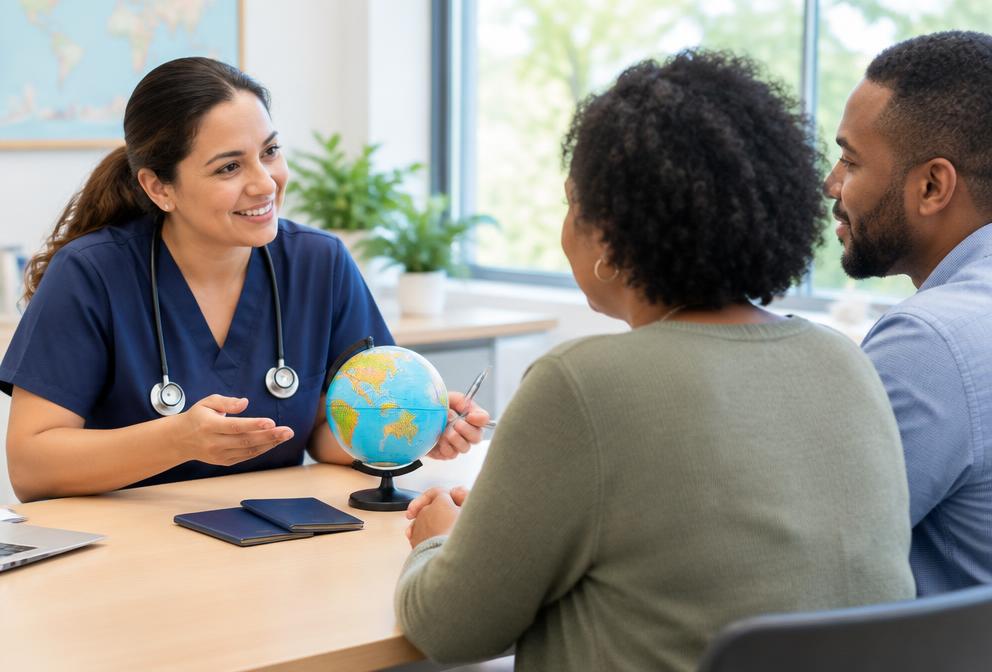 A travel health nurse counsels two patients in a clinic.