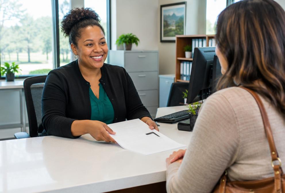 A records clerk assists a visitor at a county service counter.