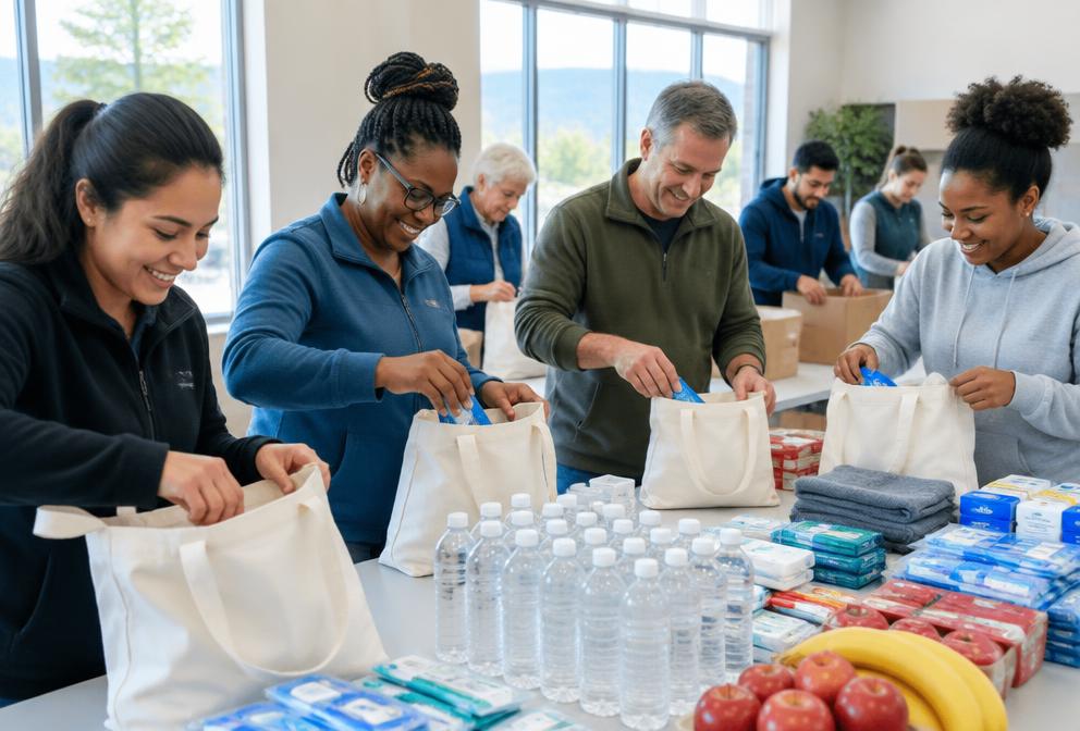 Community volunteers pack health and wellness supplies together.