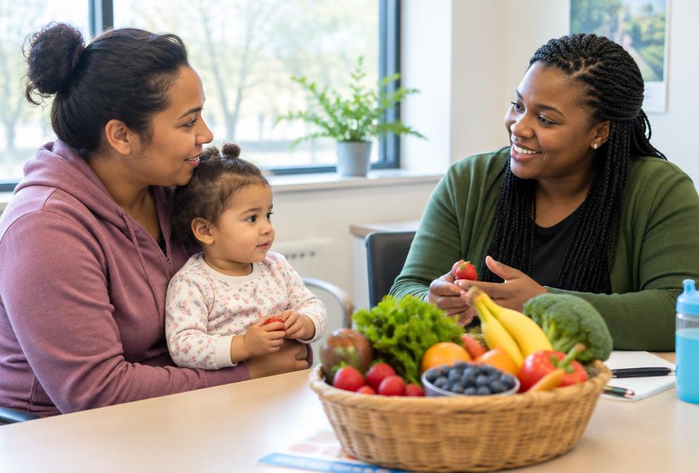 A WIC nutrition counselor meets with a parent and young child.
