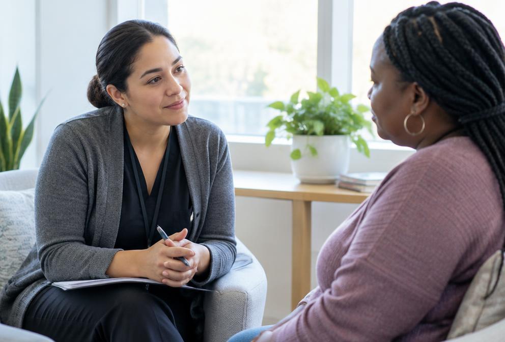 A clinician speaks with a patient during a private women’s health consultation.