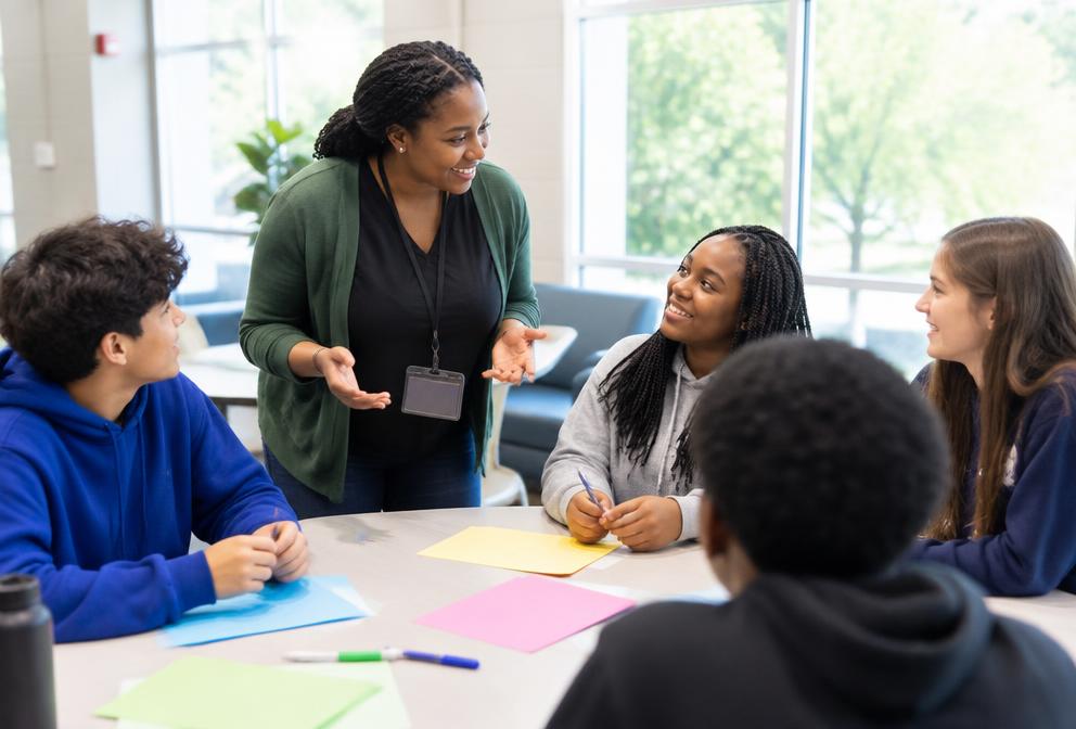 A public health educator leads a group activity with teenagers.